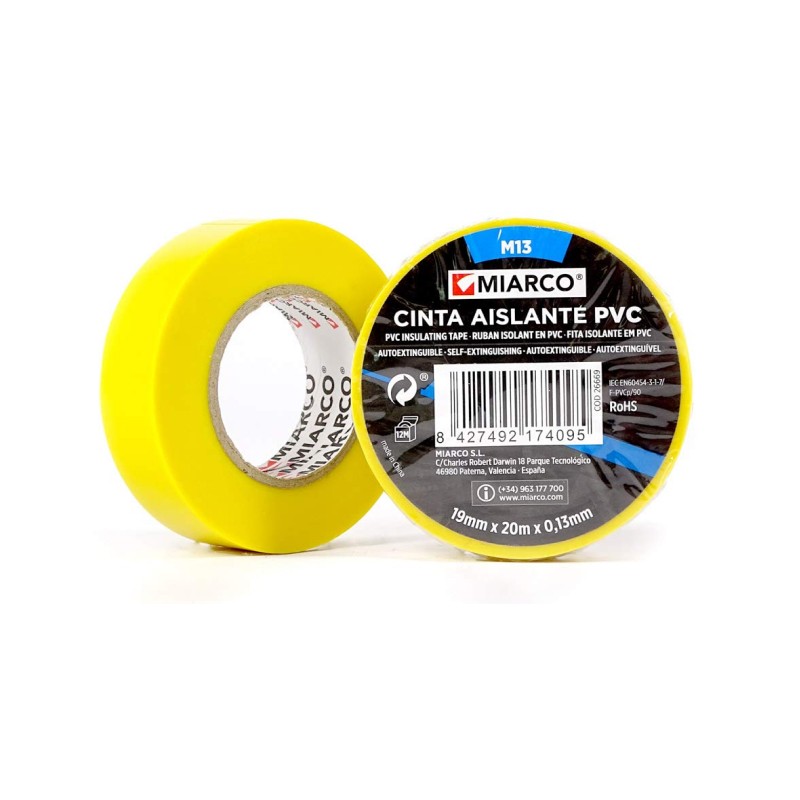 Rollo cinta aislante m15 miarco 19mm x 20m x 0,15mm amarillo