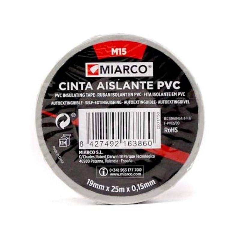 Rollo cinta aislante m15 miarco 19mm x 20m x 0,15mm gris