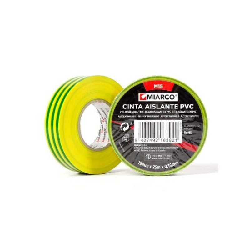 Rollo cinta aislante m15 miarco 19mm x 20m x 0,15 amarillo / verde